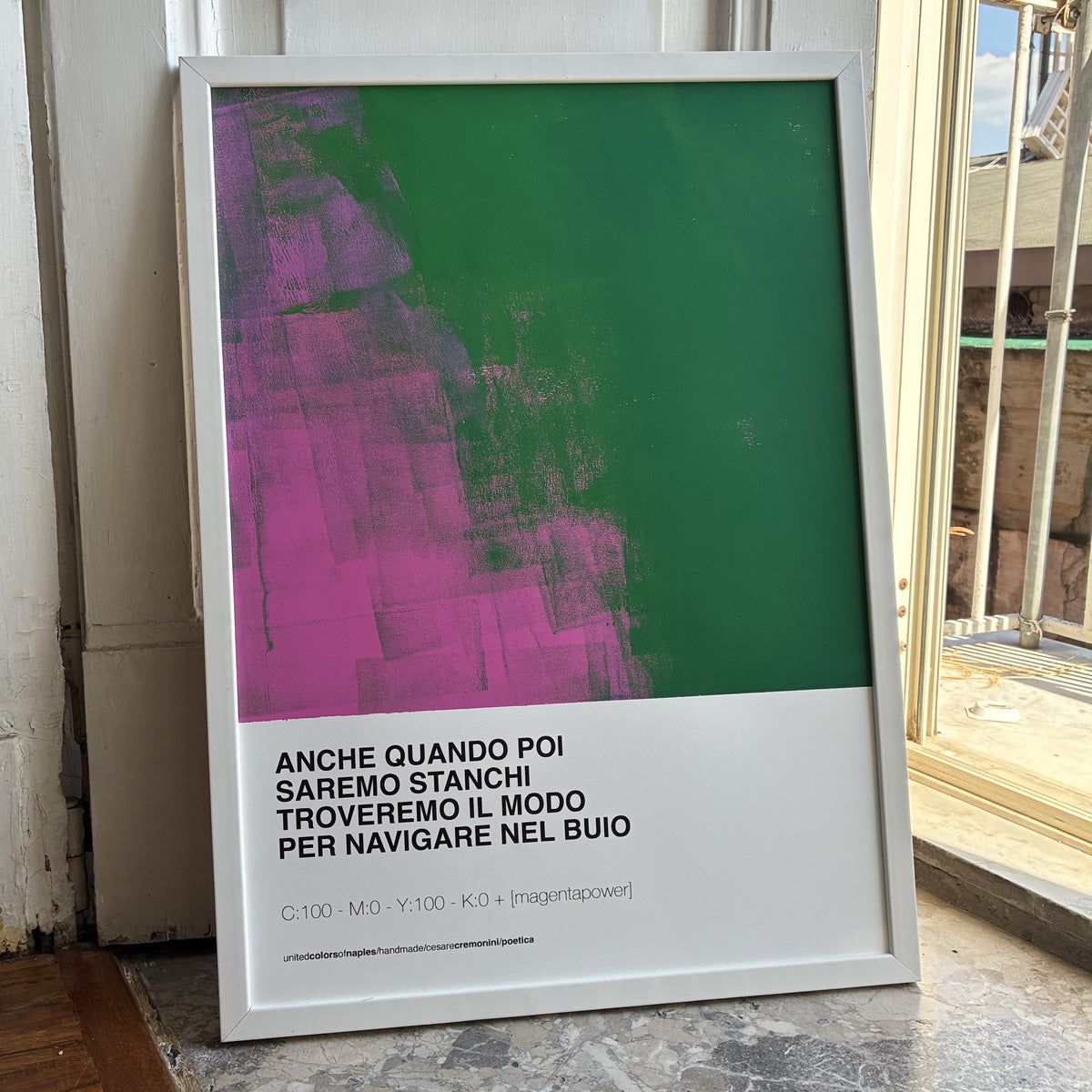 Poetica, Cesare Cremonini – green and pink Opera Poster with white frame by a window