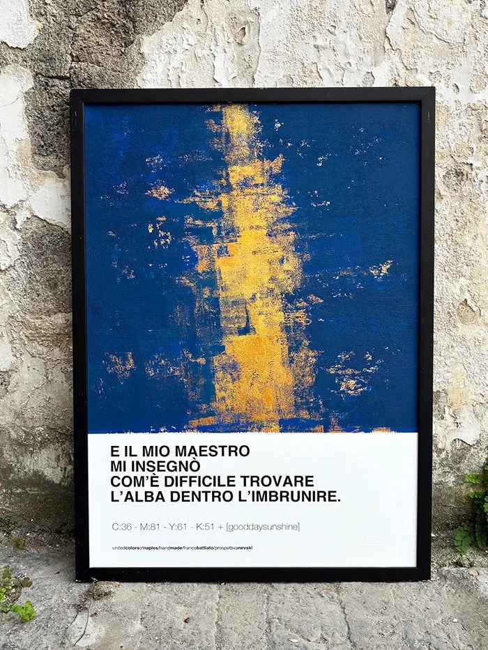 Prospettiva Nevski, Franco Battiato – blue and gold Opera Poster with black frame leaning against an old wall