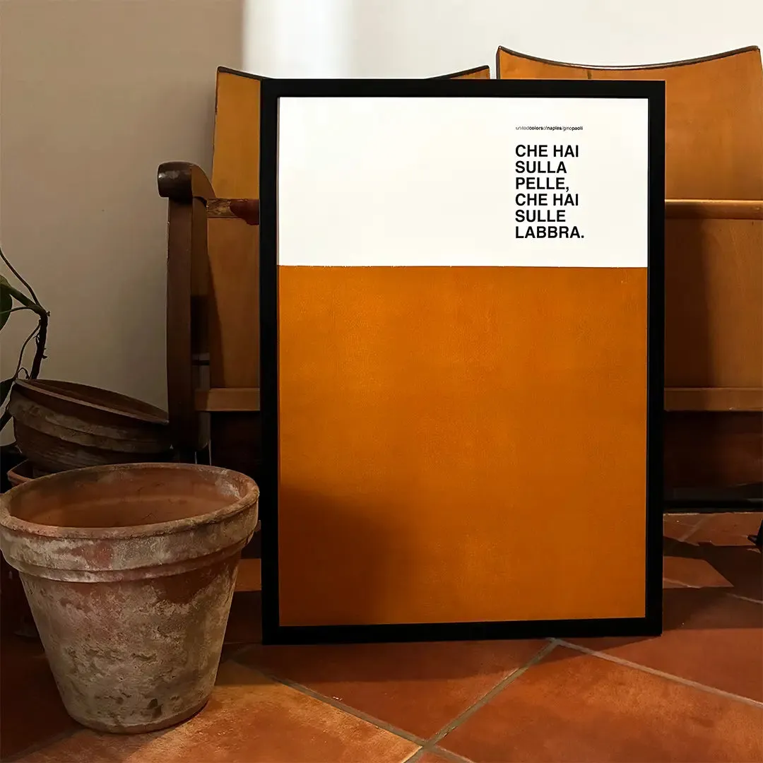 Sapore di Sale, Gino Paoli – ochre Opera Poster with the line «Che hai sulla pelle, che hai sulle labbra», black frame, next to terracotta pots